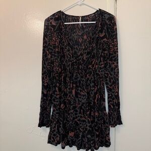 Free People Leopard Smocked Mini Dress Boho Grunge Aesthetic Long Sleeve Tunic
